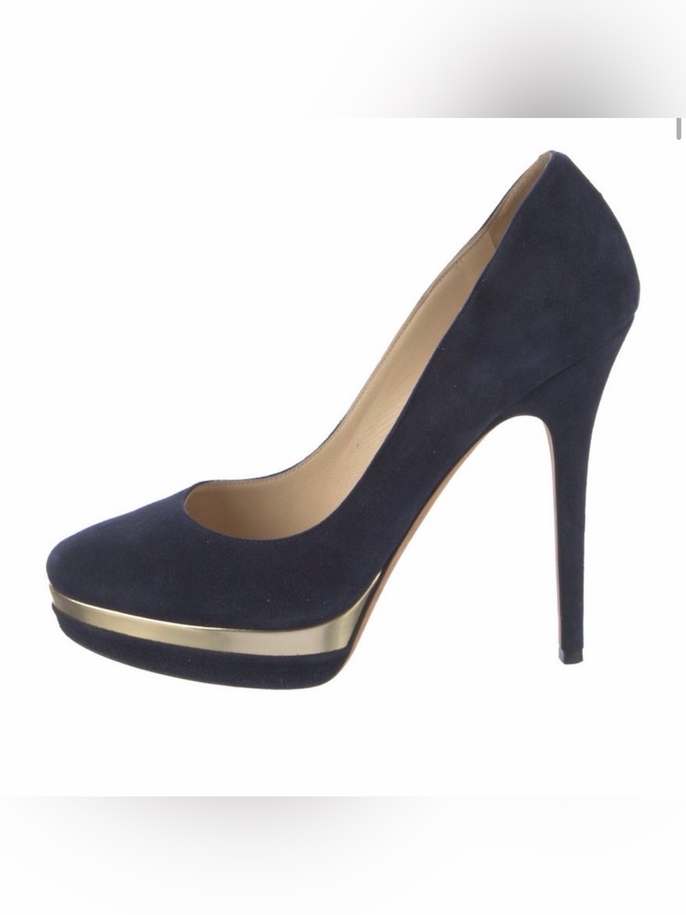 Jimmy Choo Navy Suede Platform Pump with Gold Trim